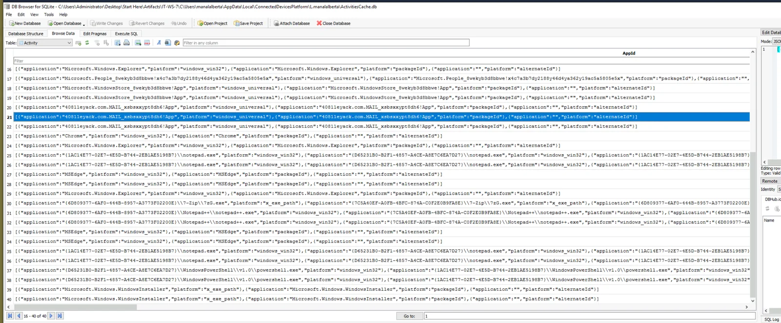 ActivitiesCache.db showing 40811eyack mail client UWP app activity rows