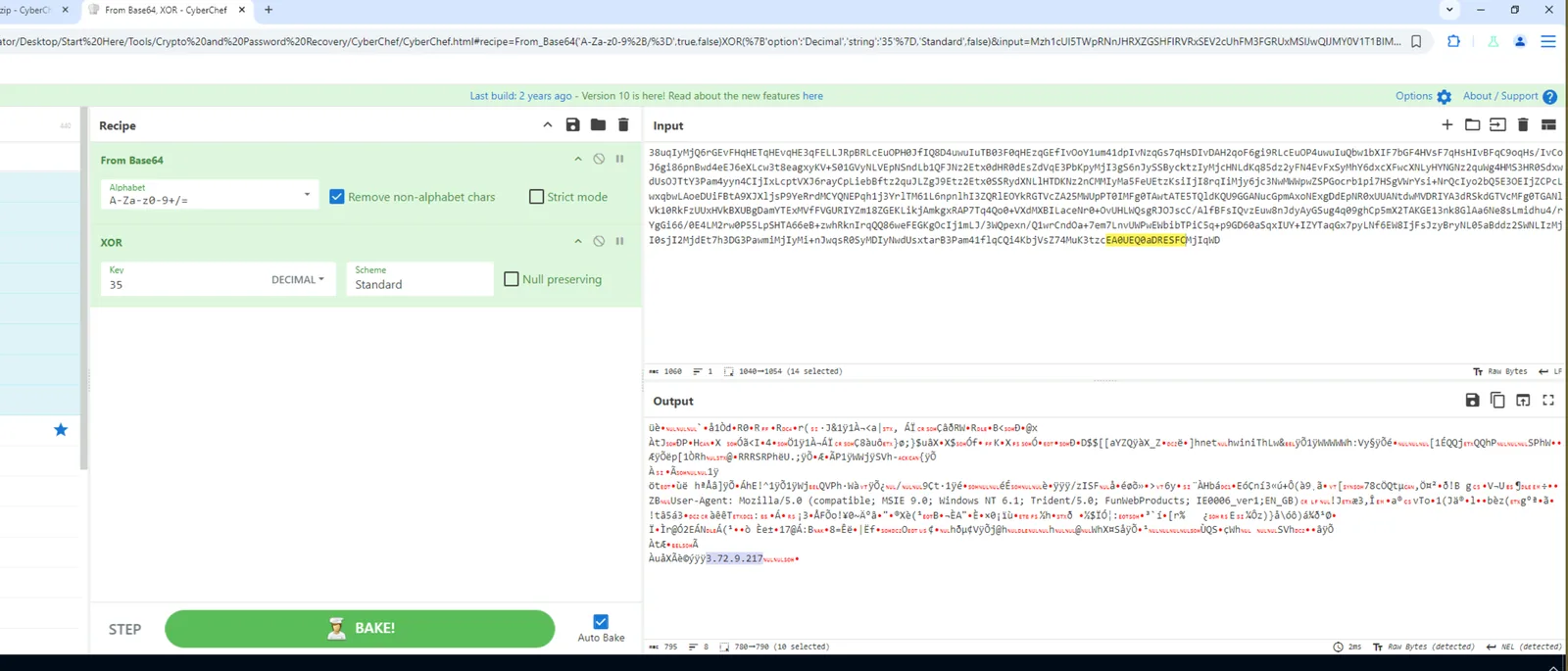 CyberChef XOR decode output showing wininet string fragments and C2 IP