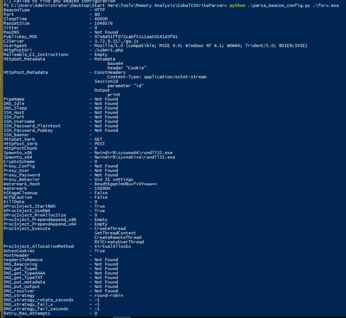CobaltStrikeParser output for fsrv.exe showing full beacon configuration